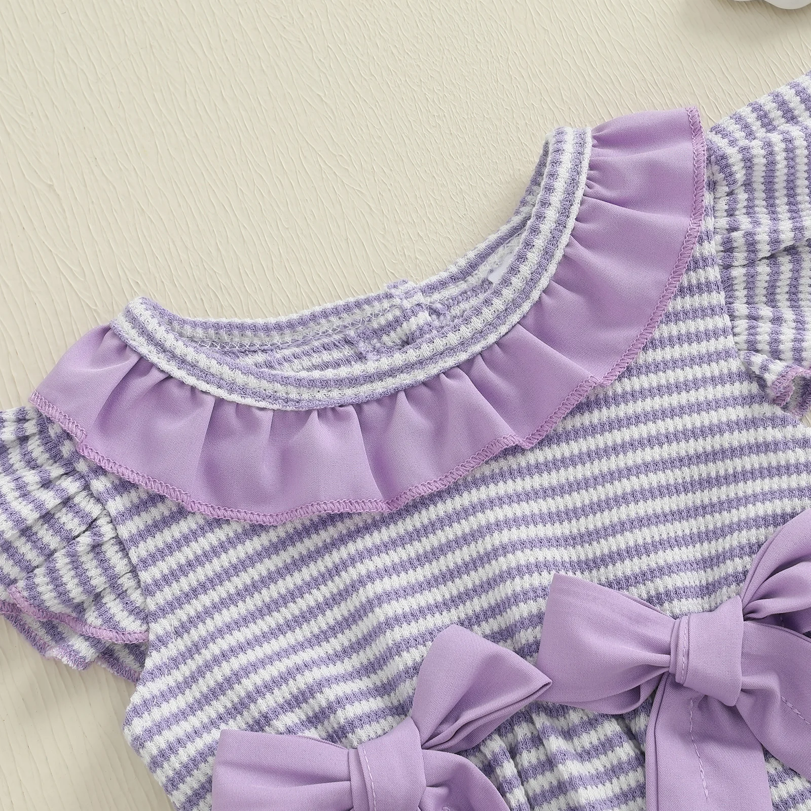 

Tregren Newborn Baby Girl Summer Romper Flying Sleeve Ruffled Round Neck Stripe Print Bow Bodysuit Cute Infant Jumpsuit Clothes