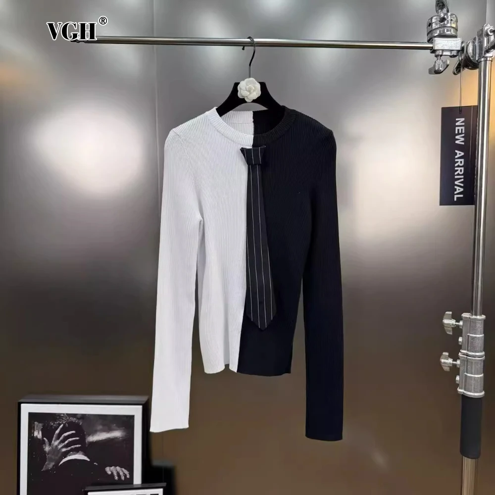 

VGH Autumn Colorblock Knitwear for Women Round Neck Long Sleeve Tie Decoration Design Slim Fashionable Sweater Female Clothing