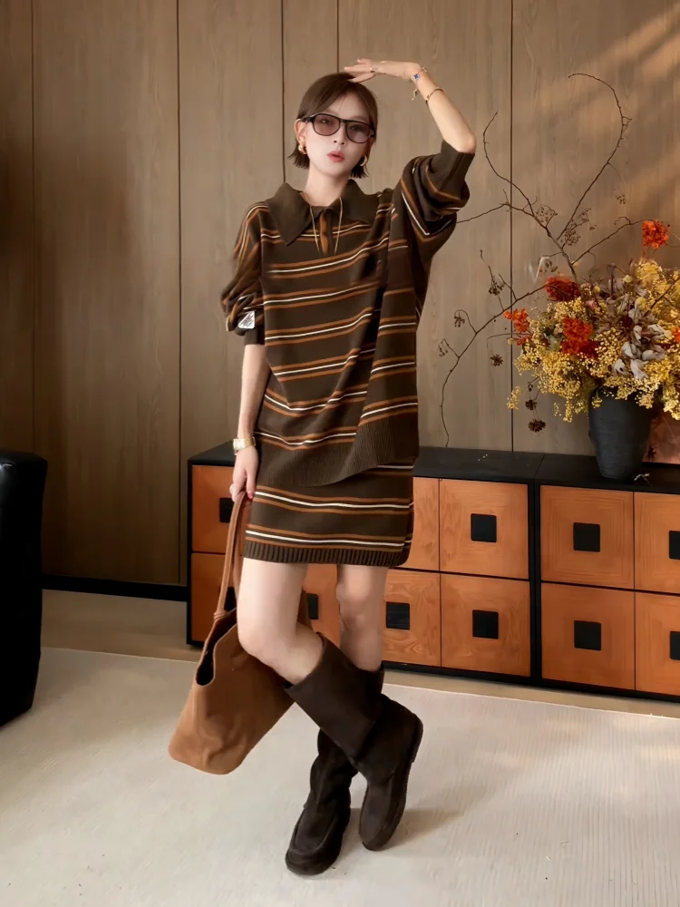 Women's Retro Striped Neck Knitwear Skirt Set Long Sleeve Mid-Length Fashionable Autumn Outfit Two-Piece Ensemble