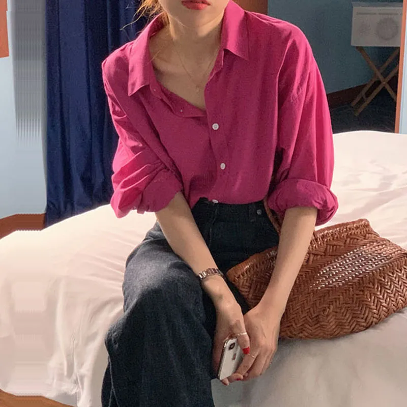 

Women's Loose Long Sleeve Shirt Pastel Pink Base Layer Outerwear Spring Collar Button up Mid-Length Casual Top