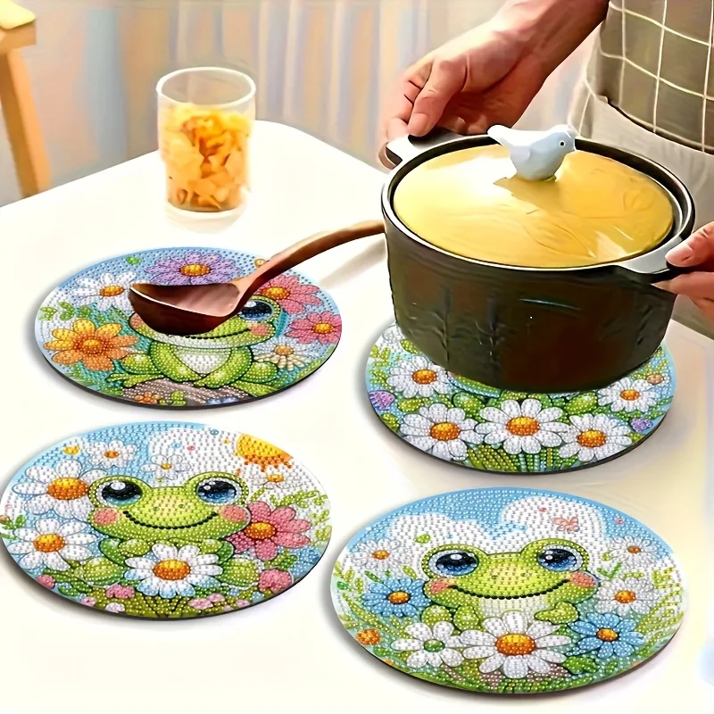

4-piece frog patterned wooden diamond dining mat set, DIY crystal diamond art insulated table mat, mosaic handmade set, without
