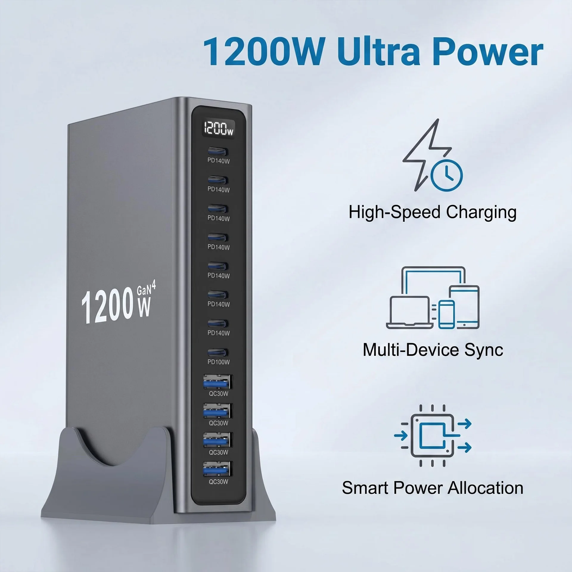 1200W GaN 12-Port Desktop Fast Charger PD3.1 USB Type C Fast Charging Station Adapter for Mobile & Tablets Multi Port USB Hub