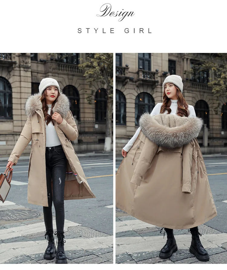 Women Hooded Parkas Coats Long Jackets Solid Detachable Big Fur Lenth Collar Zipper Drawstring Slim Fit Thick Casual 2025 Winter