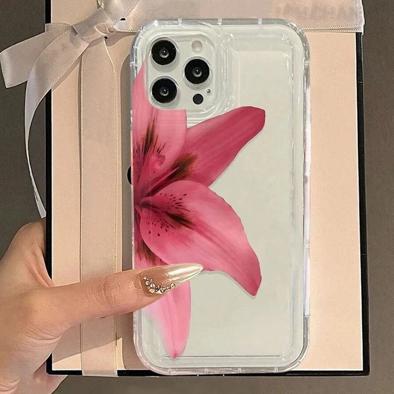 Realistic Lily Flower Print Clear Phone Case For iPhone 16 15 14