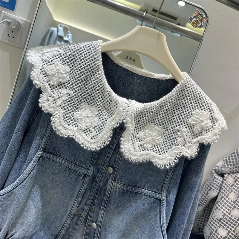 Women Spring Autumn New Korean Style Denim Jacket Doll Collar Lace Patchwork Fashionable Short Jacket Top