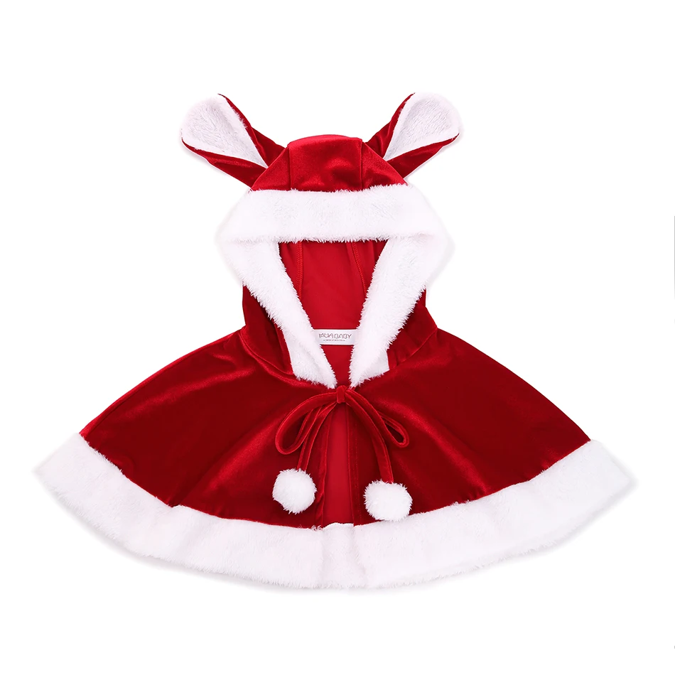 Christmas Dress Girl For Carnival Party 2 Piece Dress+Cloak Cute Bunny Ear Red Velvet Santa Claus Costume Long Sleeve Elk Xmas