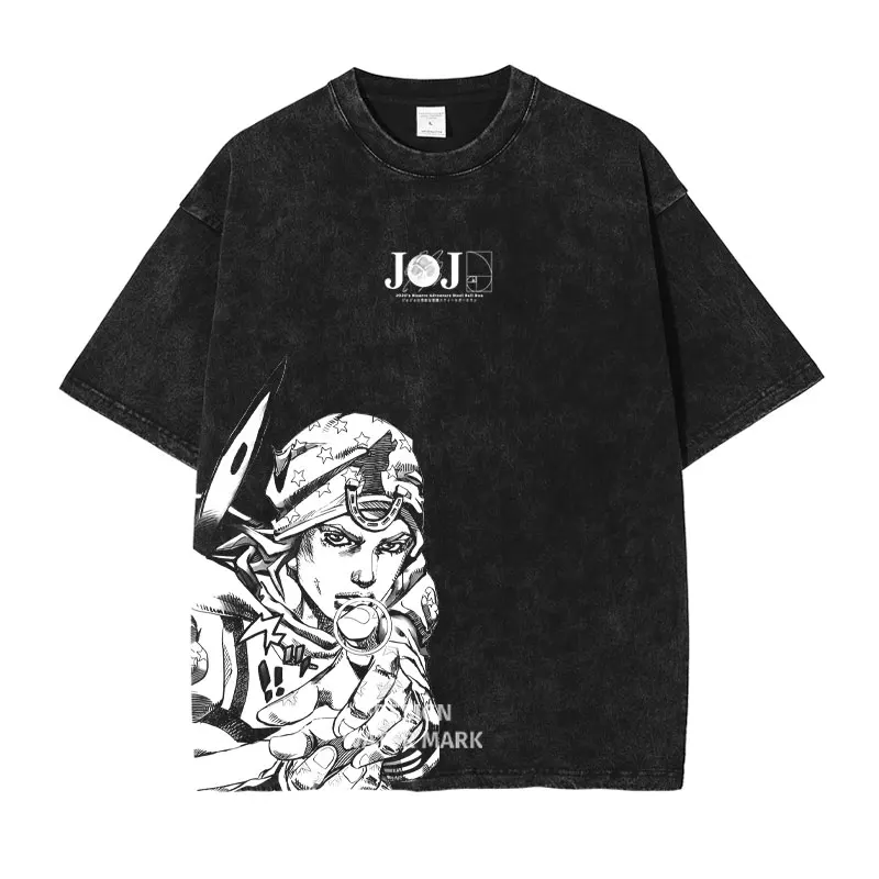 Anime JoJo's Bizarre Adventure Jonathan Joestar Gyro Print Tee Men Vintage Washed Tshirts Manga Cotton T-shirt Harajuku T Shirt