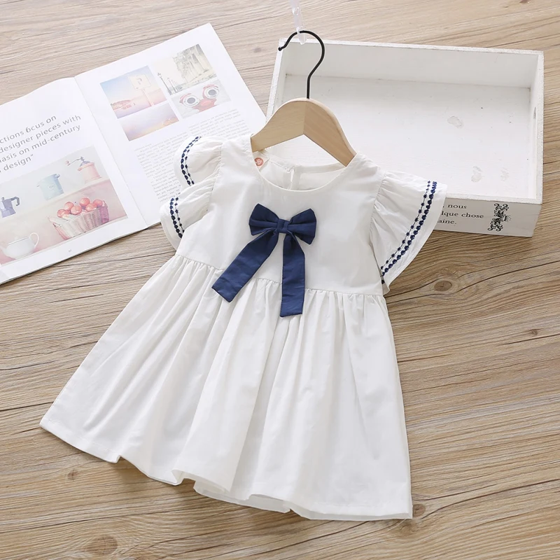 Korean Version Girl Princess Dress Lady Style Bow Solid Color Sweet Dress Party Beach Small Fresh Style Children Dress For 1-6Y