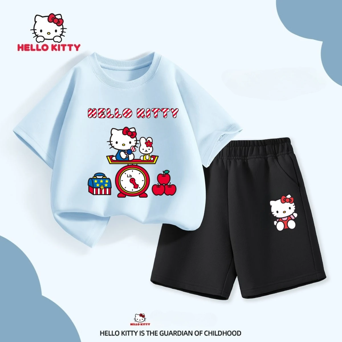 

Sanrio, летний комплект хлопковой одежды для маленьких девочек, детские футболки с принтом «Hello Kitty», топ и шорты, костюм, детская одежда с короткими рукавами