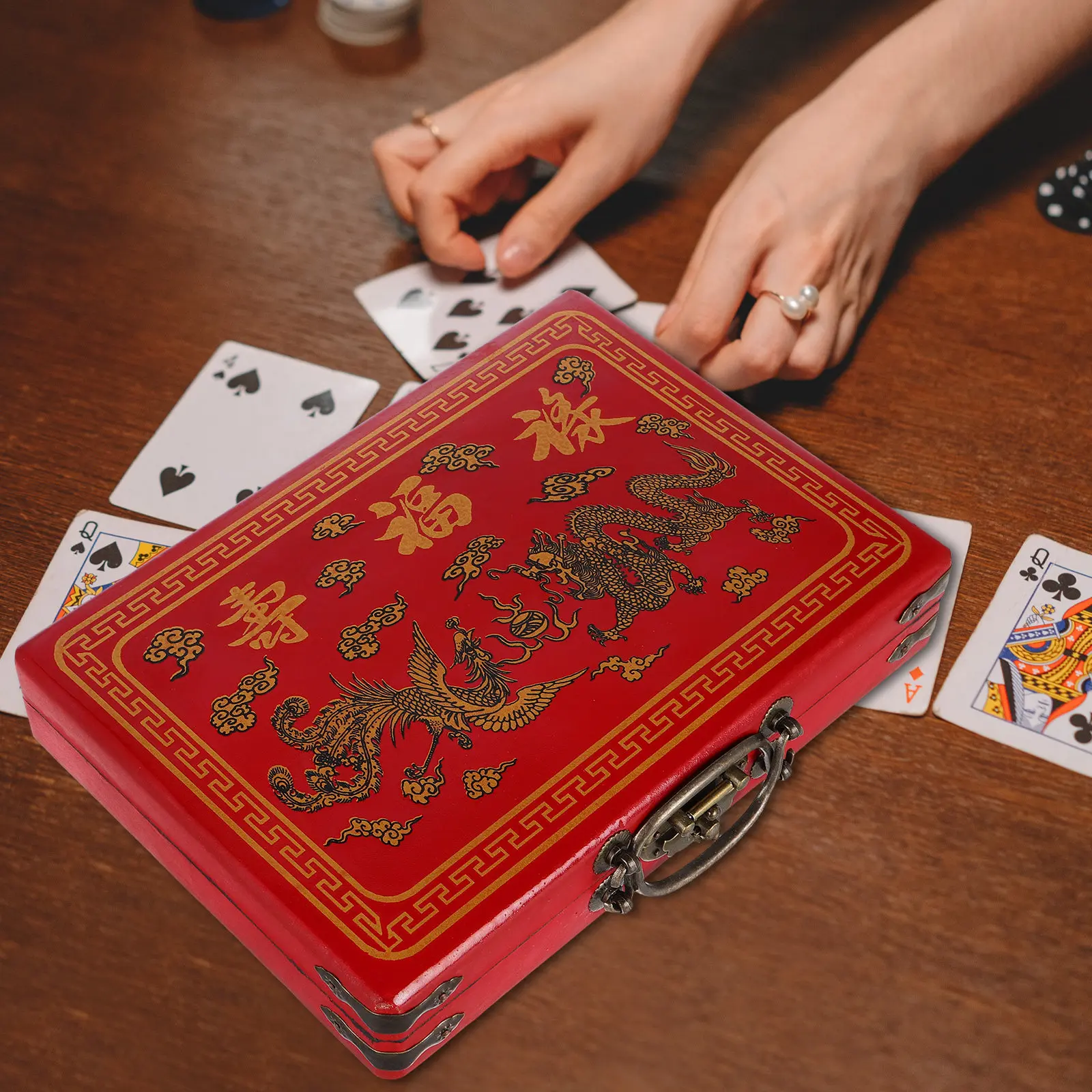 

Sturdy Mahjong Case with Handle Elegant Retro Design Large Capacity Storage Box for Mahjong Sets Household Games Portable