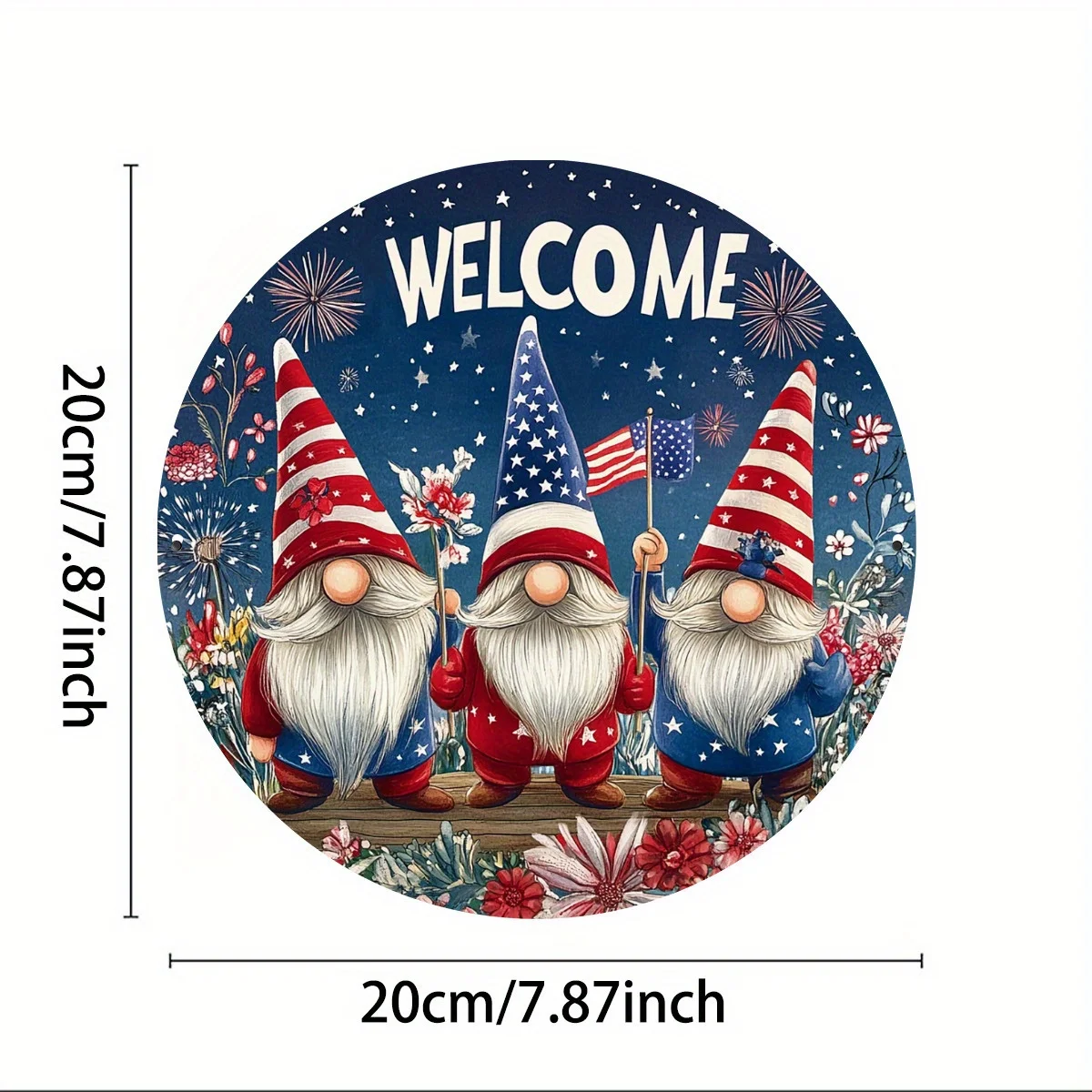 1pc, July 4th Wreath Gnome Welcome Door Sign Decoration Patriotic Bow Round Aluminum Decoration American Flag Independence Day D
