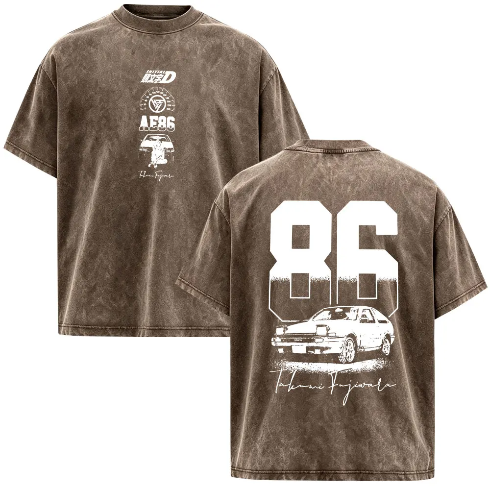 Vintage Washed Initial D Drift AE86 Takumi Fujiwara Tofu Shop Anime T-shirts JDM Car T-shirt Unisex Short Sleeves Loose T-shirt
