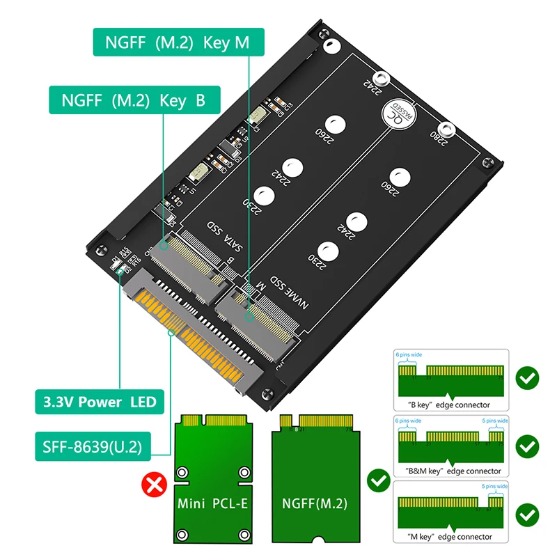 M2 SSD Adapter M.2 to U.2 Adapter M.2 NVME SSD + M.2 SATA SSD to U2 SFF-8639 Riser Card Converter with Metal Case for Desktop PC