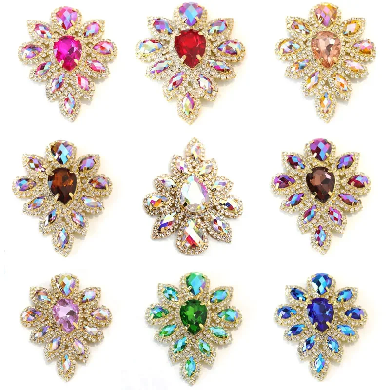 5,8*4,5 cm cristal AB cristal Strass Base dorada Multicolor coser en apliques de diamantes de imitación para vestido de novia B1008 стразы для ру тиде???