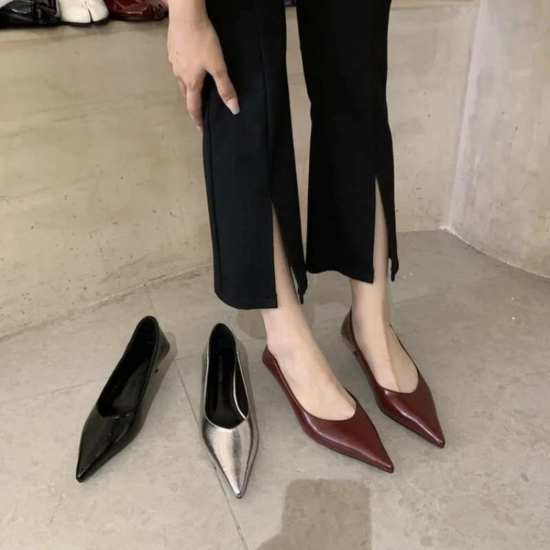 Spring Autumn New Women Boat Shoes Pointed Toe Pumps Low-heeled Dress Shoes Woman Silver Black Red Office Work Shoes Female