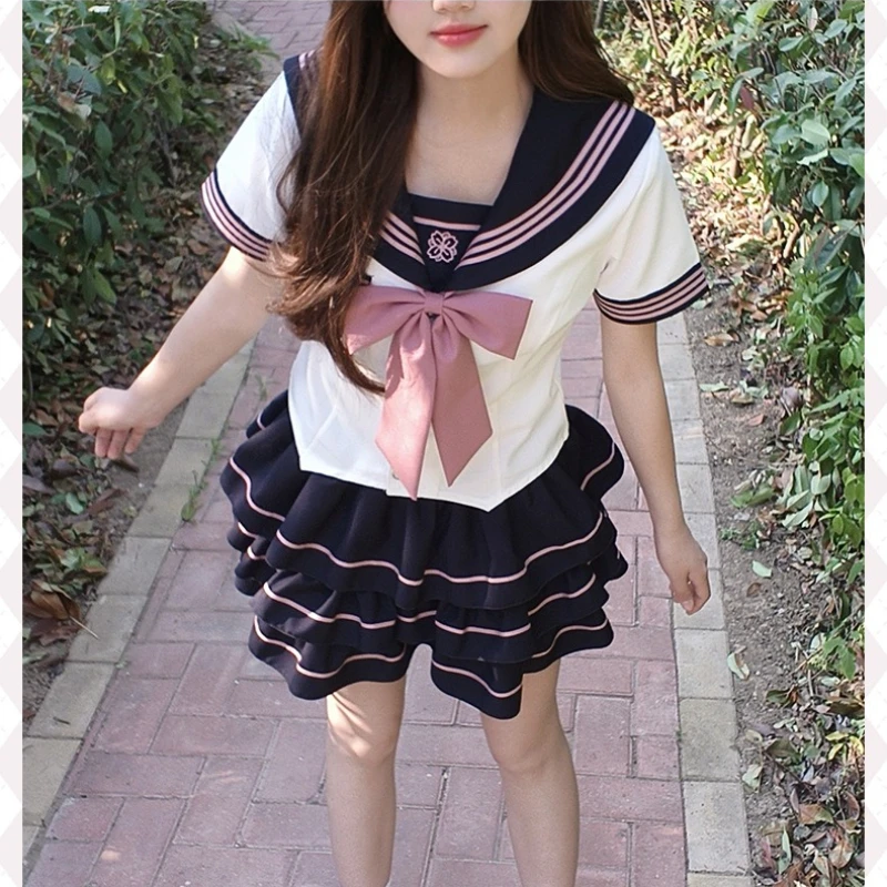 JK زي مدرسي البحرية طوق قصيرة الأكمام مطوي تنورة مجموعة الرغبة النقية اللون حجب الحلو لينة فتاة كلية نفخة الأكمام