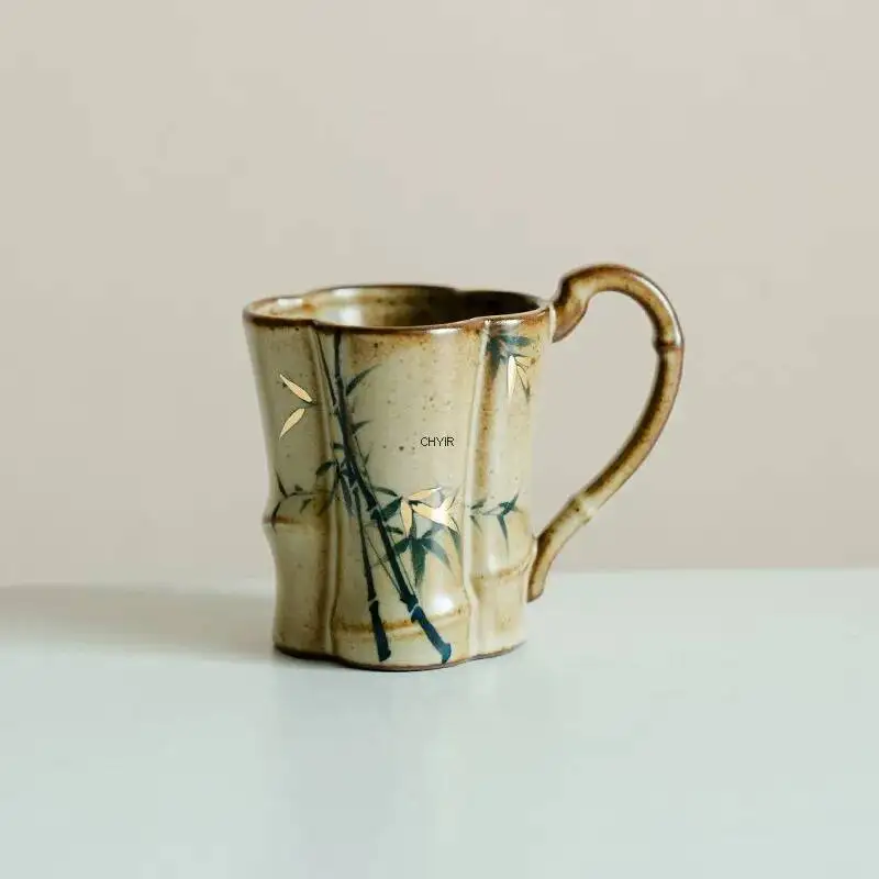 

Antique Gold-Plated Hand-Painted Bamboo Water Cup Tea Cup Master Cup with Handle Ceramic Mug Women's Coffee Cup