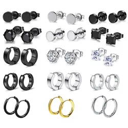 1 Pair Surgical Stainless Steel Small CZ Square Round Stud Earrings Simple Punk Ear Rings Hoop Earrings for Men Women