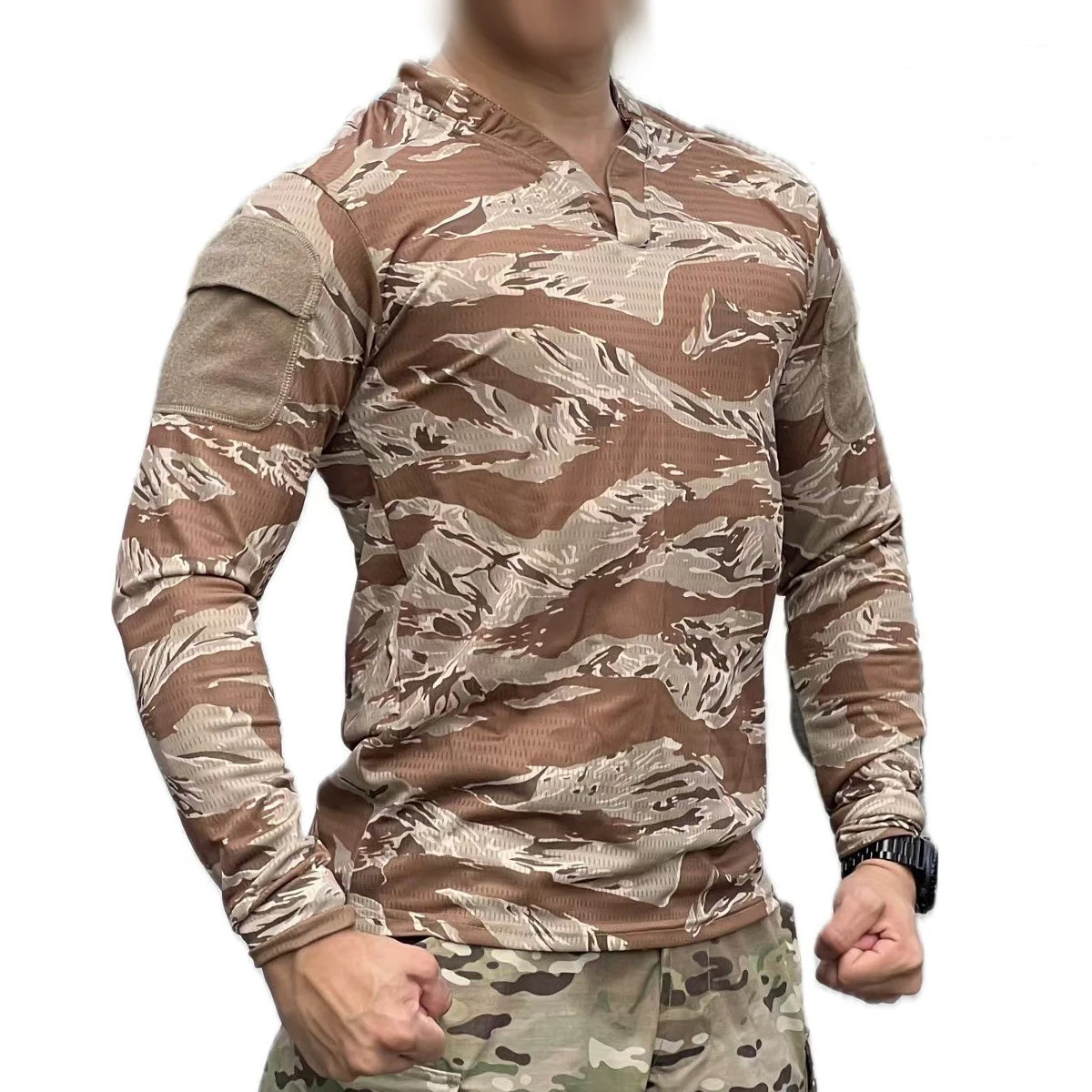 Outdoor tactical ice V-neck top desert tabby camouflage long-sleeved T-shirt quick-drying and breathable