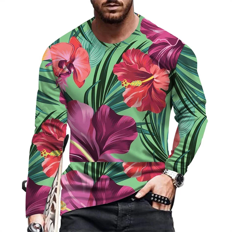 

Футболка мужская с круглым вырезом, Повседневная Свободная рубашка с длинным рукавом, с 3D принтом цветов, Листьев, цветных растений, весна-осень