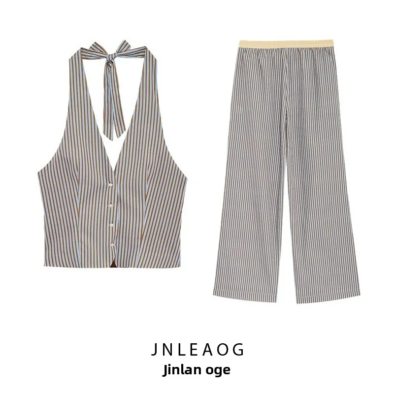 

JNLEAOG New Stripe Neck Hanging Vest Style Top Color Block Sleepwear Pants Striped Matching Set Women's Loose Fit Summer Shirt