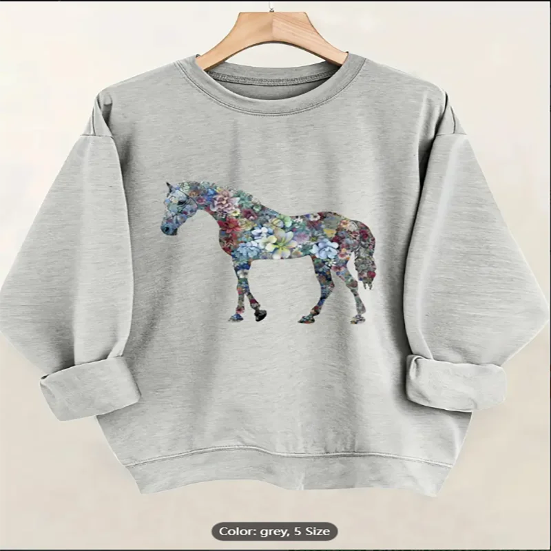 

Женская серая толстовка с цветочным принтом лошади и графическим принтом, повседневный пуловер большого размера, топ для любителей животных, удобный чистый хлопок