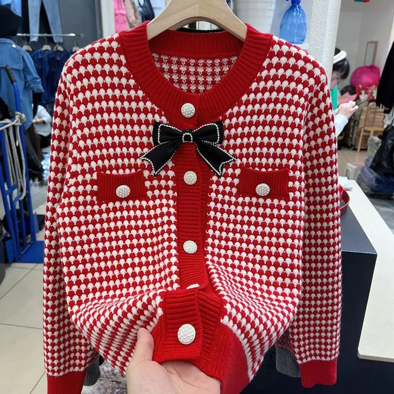 Women Autumn and Winter  New Crew Neck Plaid Contrast Panelled Knit Cardigan Sweater Thickened Button Bow Long Sleeves Coat