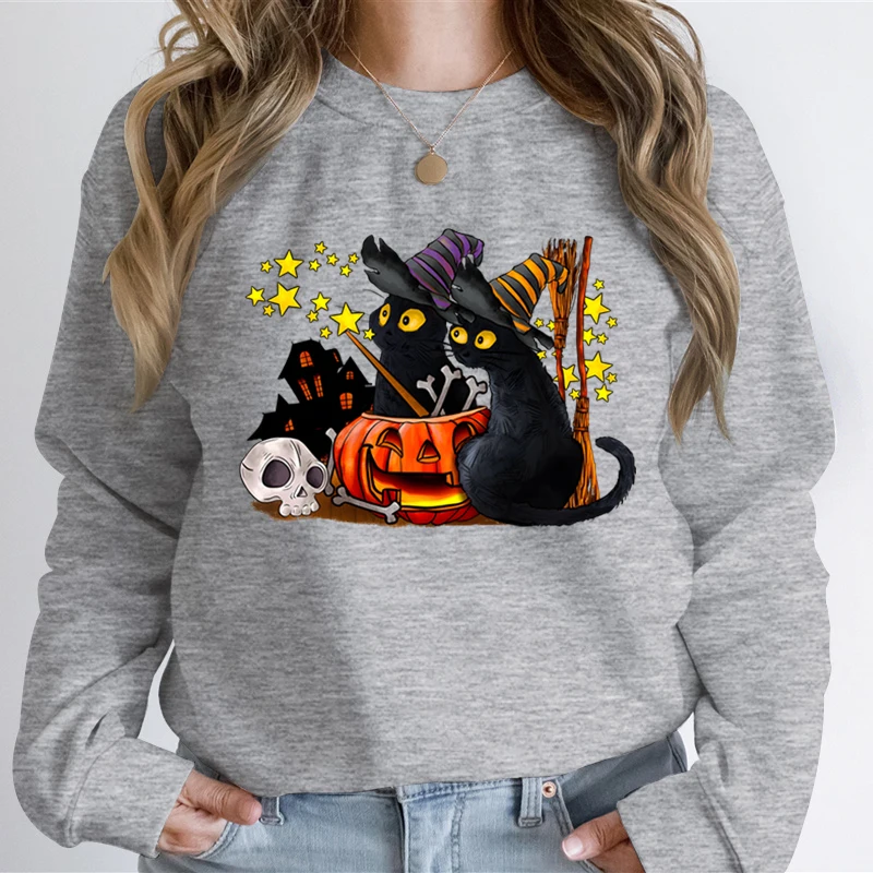 

Cat Lover Halloween Ghost Sweatshirts Women Skeleton Black Cat Print Sweatshirt Hoodie Skeleton Pumpkin Halloween Ghost Hoodies