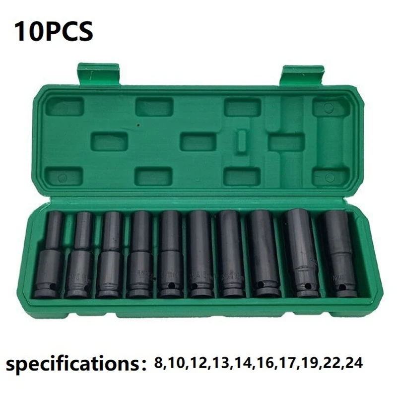 10 Pieces Of 8-24Mm 1/2 Electric Wrench Socket Head Kit Pneumatic Socket Lithium Electric Wrench Hexagon Opening Lengthened Set