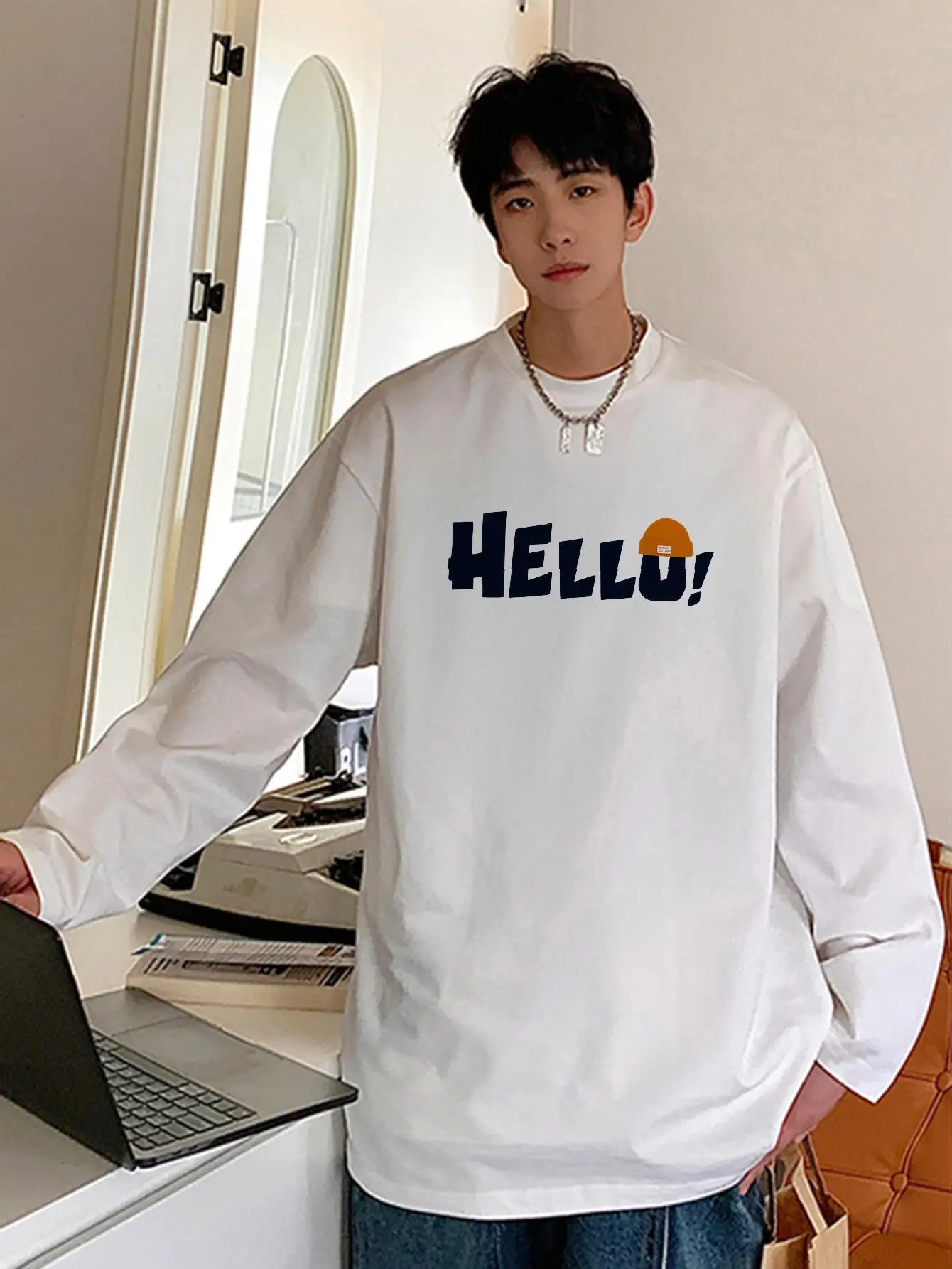 Kpop Funny Say Hello Graphic Men T-shirts Long Sleeve Pure Cotton Autumn Clothing Tees Crew Neck Streetwear Y2k Male Tops Loose