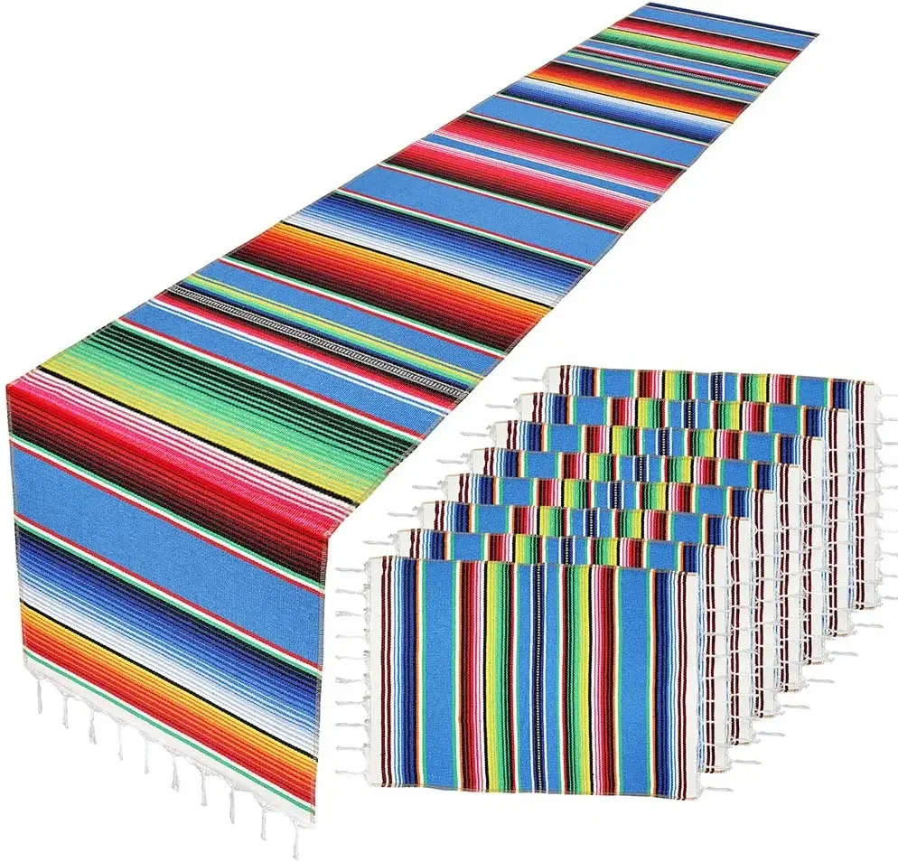 1PCS Mexican Stripe Table Runner with 8PCS Placemats Combination Set ,Cotton Dining Table Decor for Cinco de Mayo Mexican Fiesta