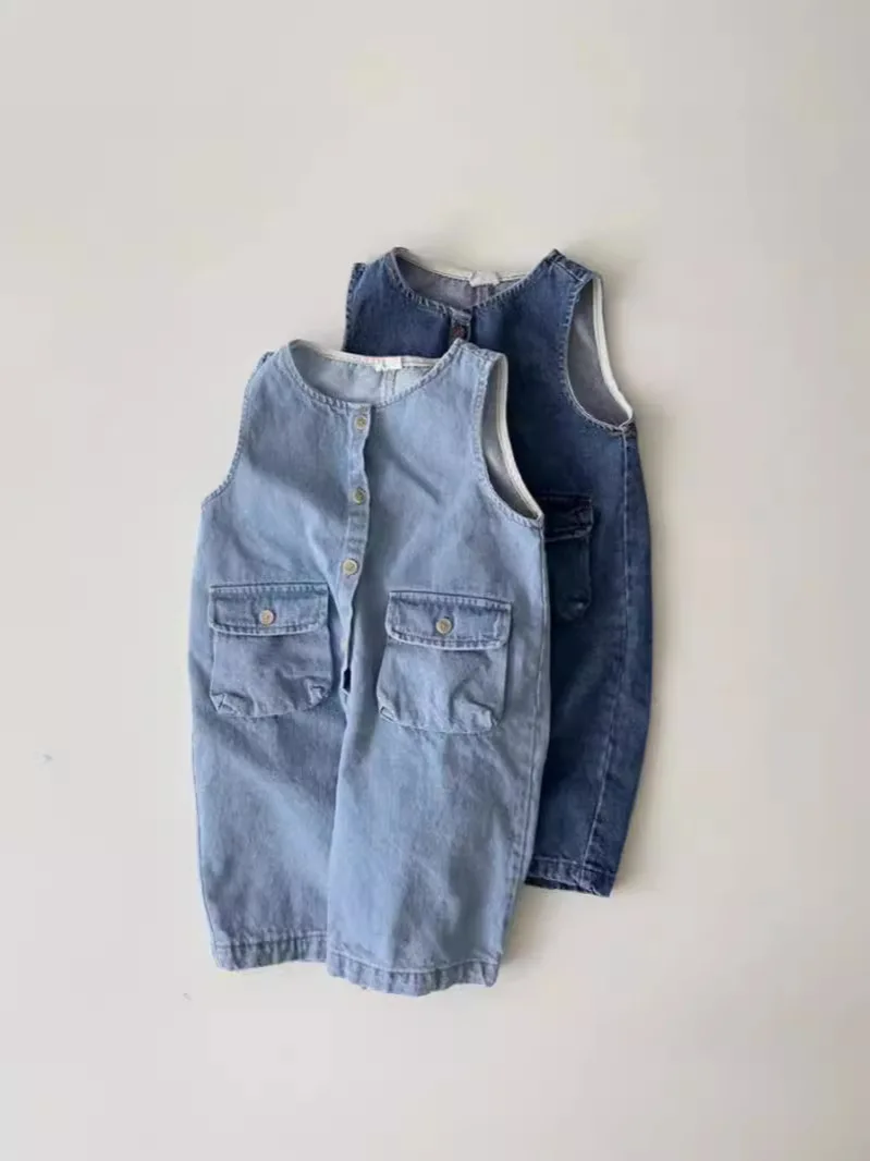2025 Autumn New Baby Sleeveless Denim Romper Infant Girl Vintage Pocket Jumpsuit Fashion Toddler Overalls Newborn Clothes 0-24M