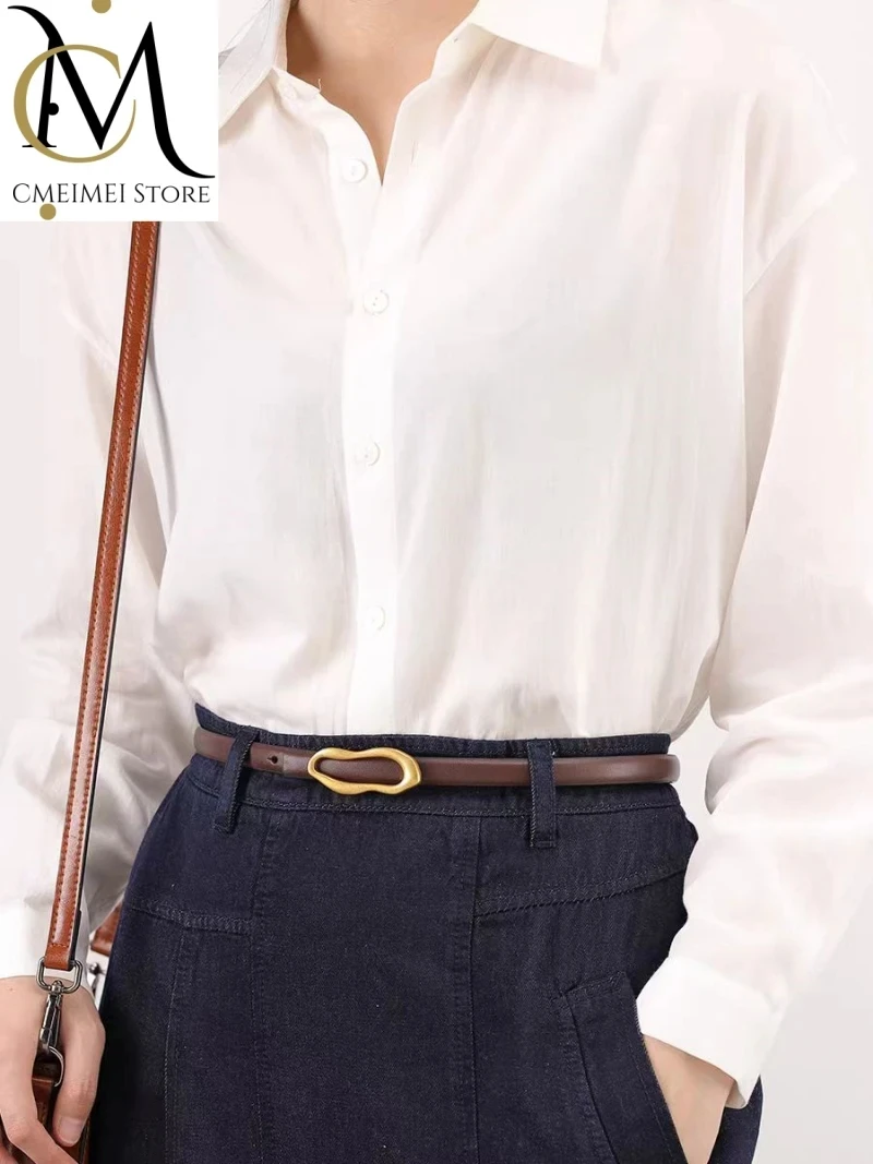 Retro Gold Buckle Genuine Leather Belt for Women Metal Buckle Matching Female Dress Jeans Adjustable Waistband