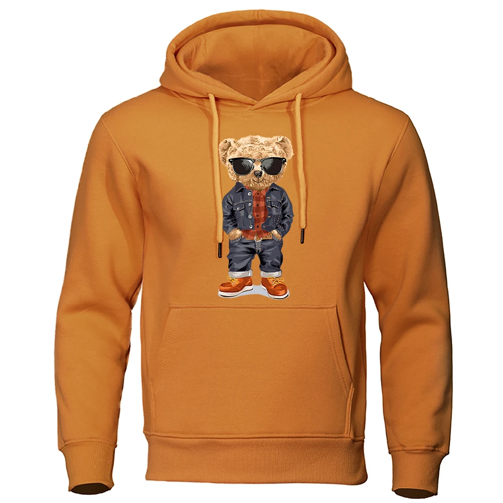 Funny Pose Teddy Bear Prints Men Hoodie Loose Pocket Hoody Autumn Oversize Sweatshirt Fashion Casual Fleece Pullover Unisex