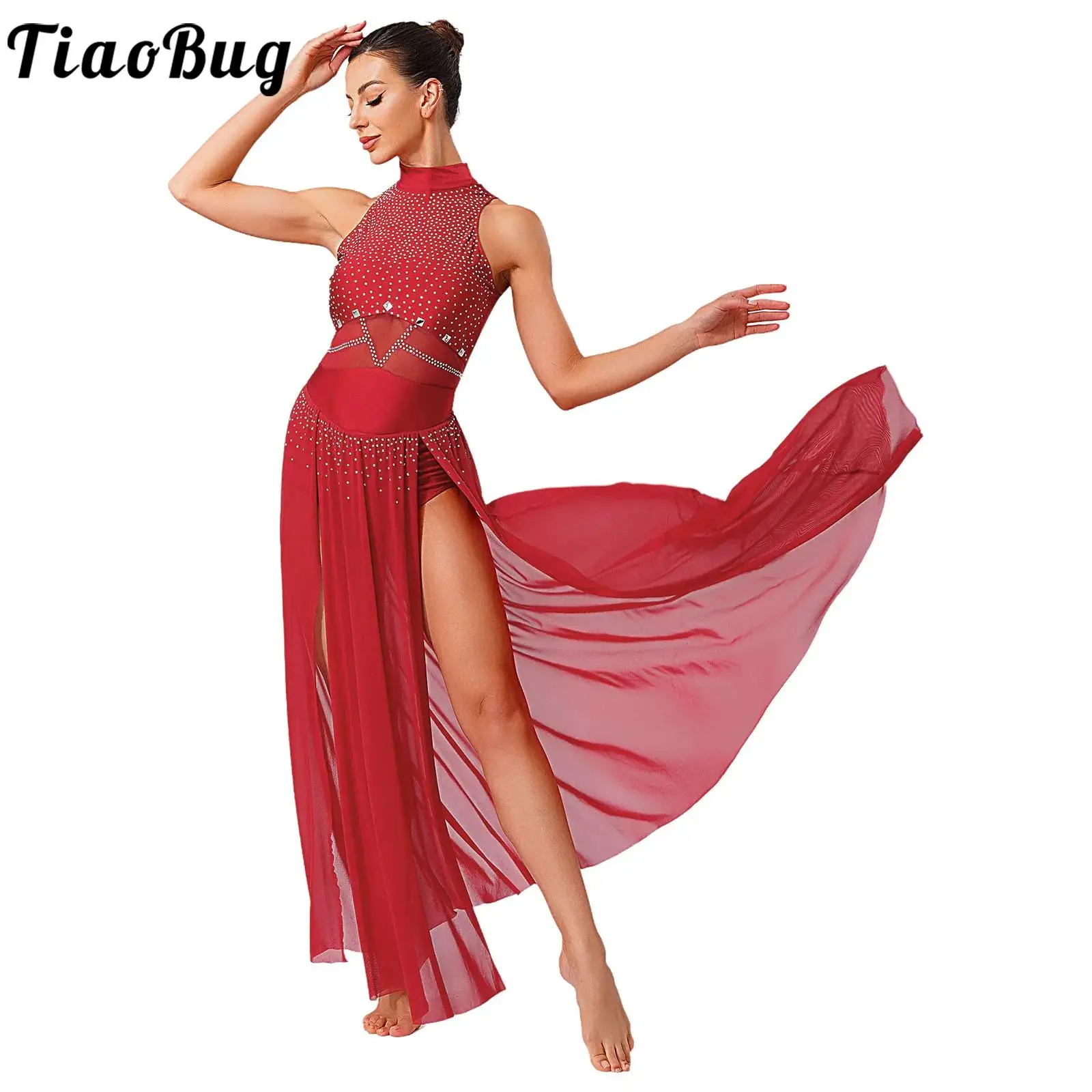 

Women Gymnastics Ballet Lyrical Dance Costume Figure Skating Dresses Sparkly Rhinestones Split Modern Contemporary Dance Dress