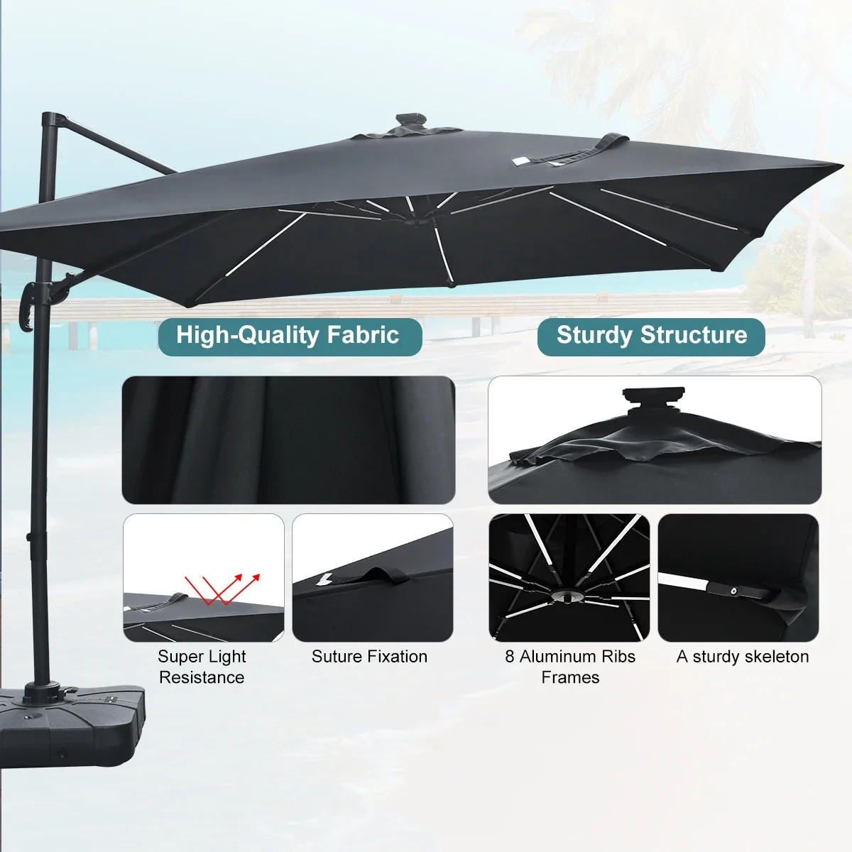Summer Outdoor Parasol Large Roman Umbrella Big Size Stand Garden Waterproof Patio Cantilever Umbrellas & Bases With LED Light