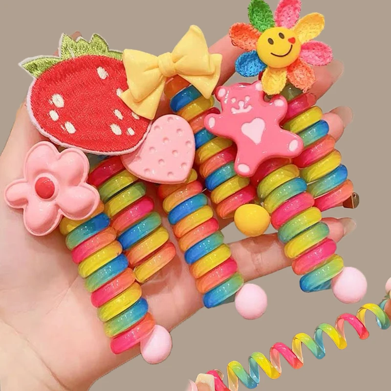 

5pcs Colorful Telephone Wire Hair Bands Rubber Children Kid Elastic Cartoon Flower Heart Ponytail Headbands Hair Ties Scrunchies