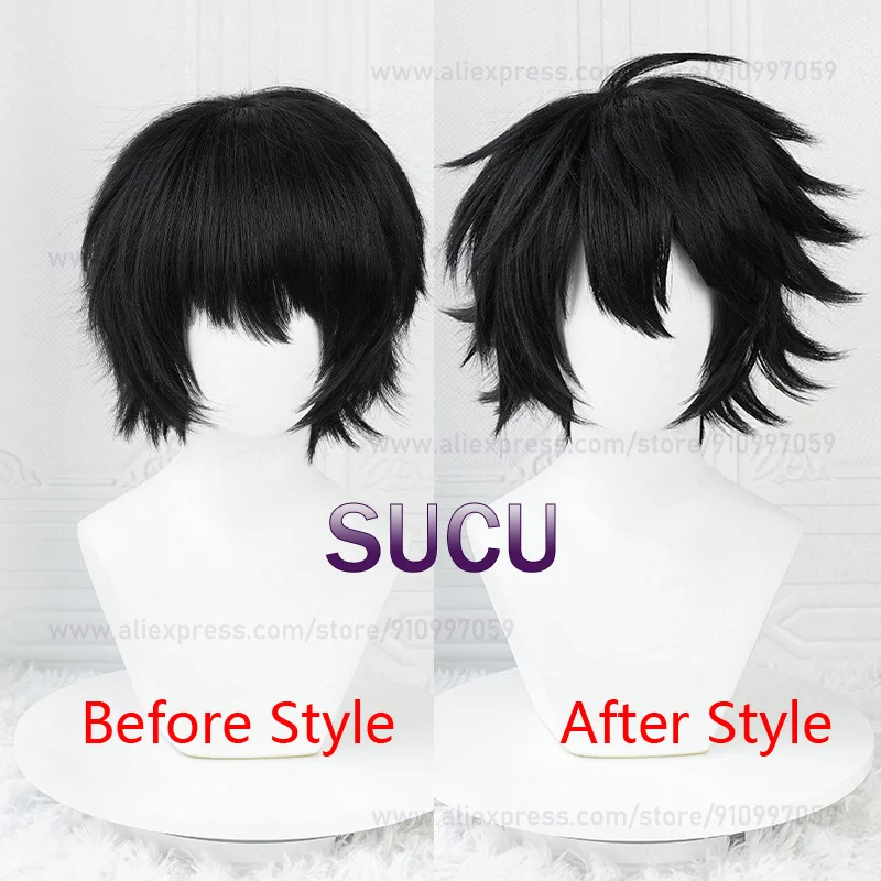 Black Short Spiky Layered Wig 35cm Short Men Synthetic Hair Messy Bangs Anime Cosplay Halloween Costume Party Full Wigs