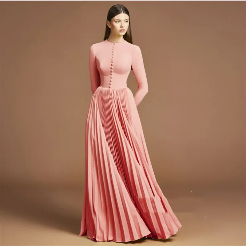 심플한 아랍 스타일 이브닝 드레스 맞춤형 라운드 넥 긴 소매 플리츠 버튼 바닥 길이 사우디 프롬 가운 정장 파티 드레스