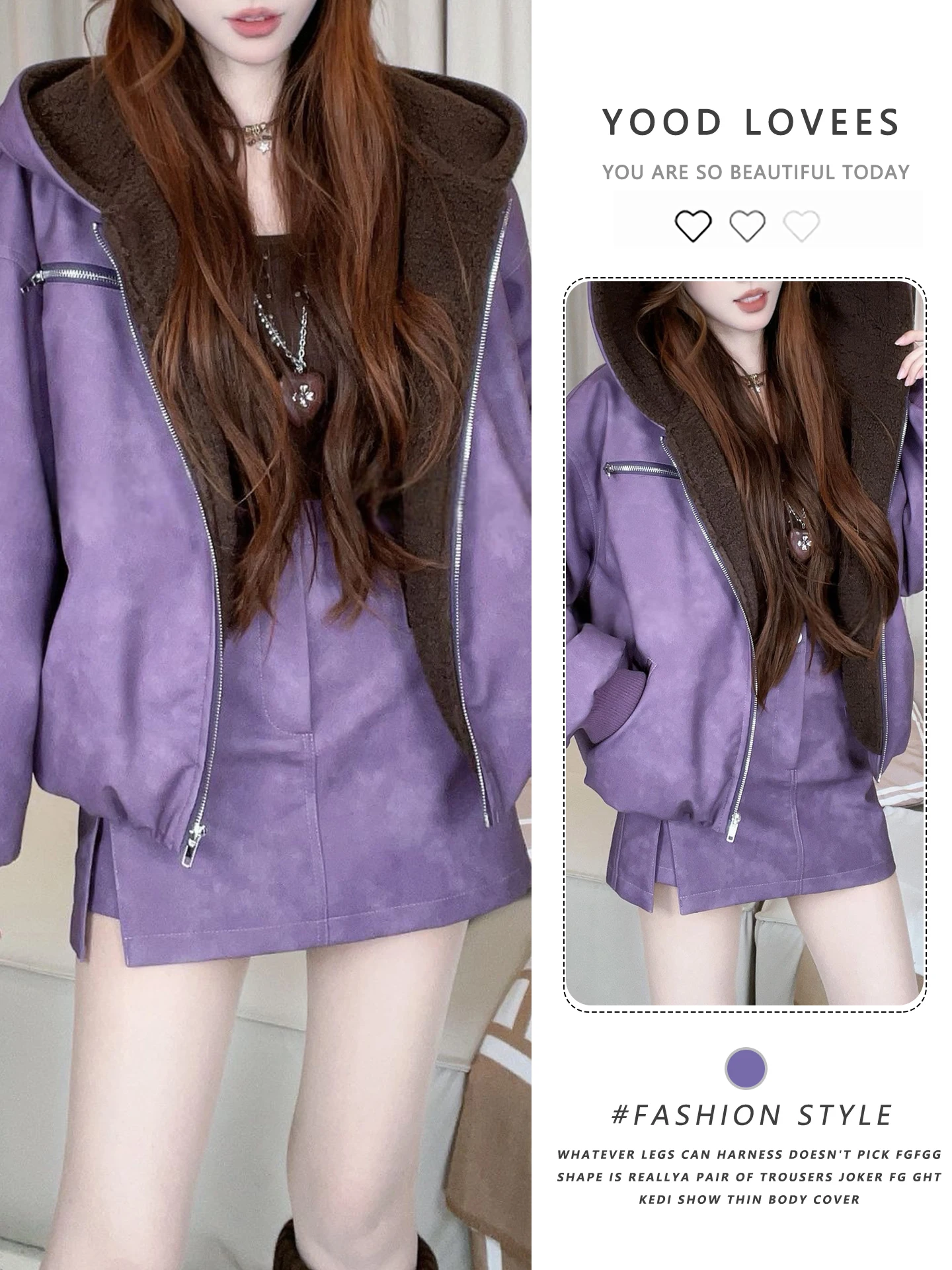 

Korean Style Thickened Fleece Purple Set Women's Winter Coat High Waist Short Skirt Two-Piece Suit Fashionable Retro White