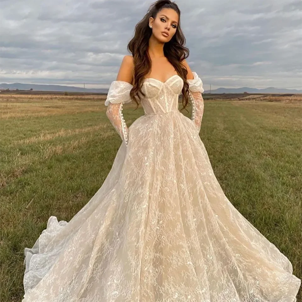 Customized Luxury Lace Appliques Sweetheart A Line Evening Wedding Dresses 2024 Long Sleeves With Court Train Tulle Bridal Gowns