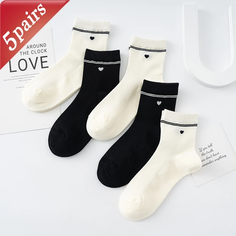 

5 Pairs Women's Spring Summer Socks White Love Mesh Thin Cotton Preppy Casual Socks Fashion Trend Solid Color Simple Wholesale