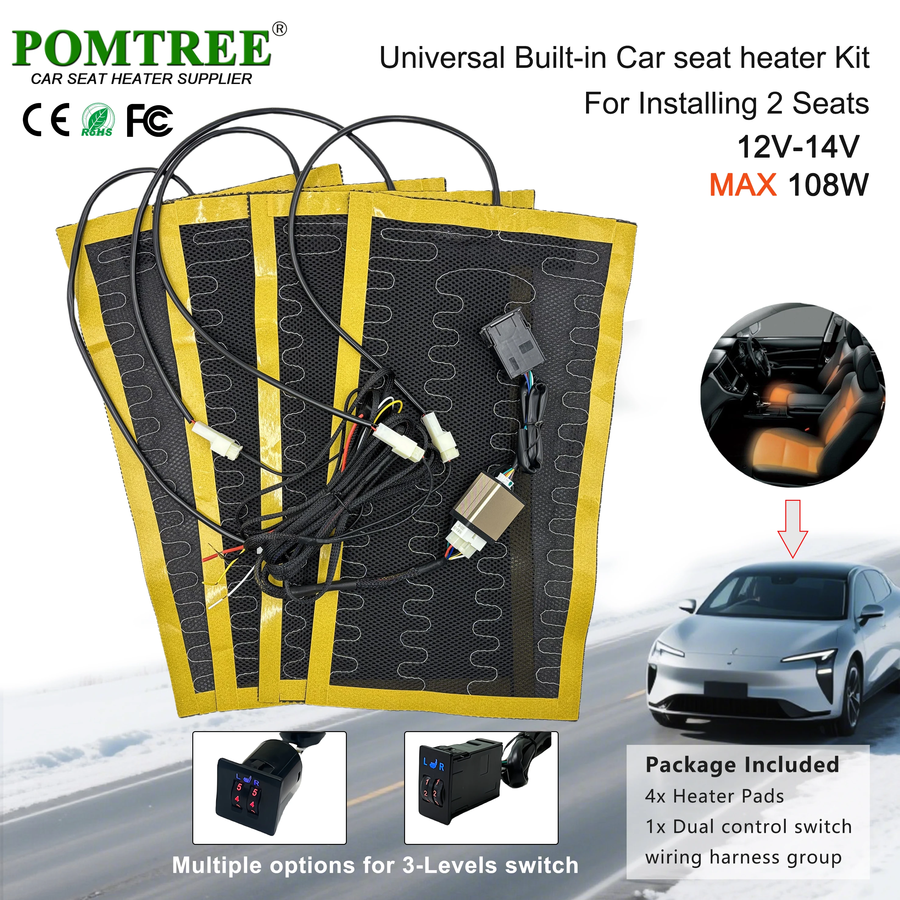 

108W Universal Built-in Car Seat Heater Kit Fit 2 Seats,DC 12V Alloy Wire Heating Pads 5-Level Dual Control Switch With Harness