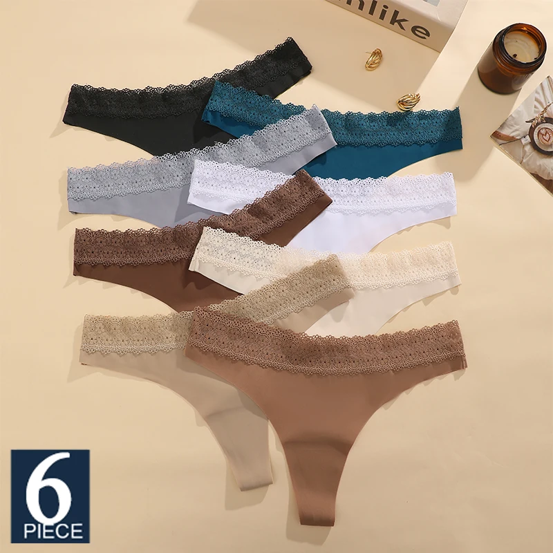 FINETOO 6 шт. сексуальные полые кружевные стринги для девочек, нижнее белье, хлопковые женские стринги, однотонные бесшовные мягкие женские трусики, нижнее белье с низкой талией