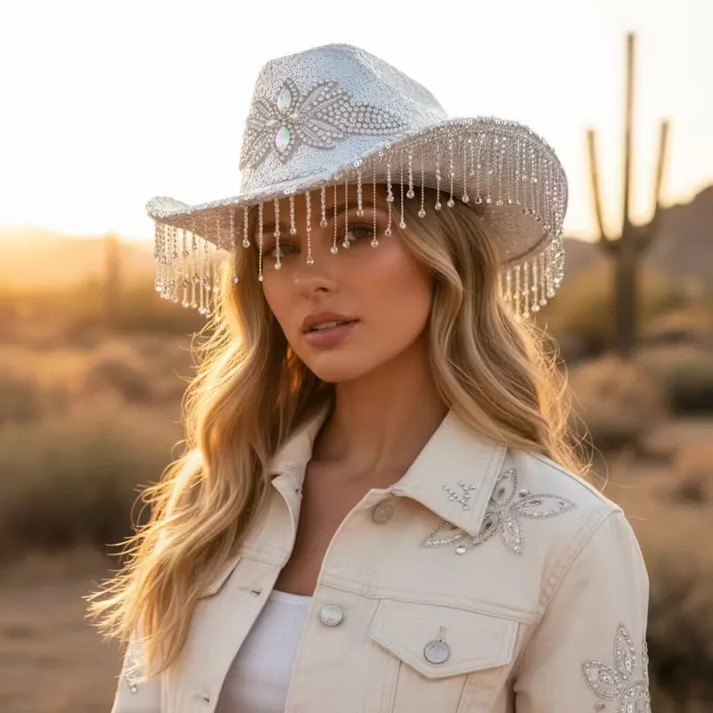 

New tassel western cowboy hat fashionable sequined large head circumference hats for women high-end stage performance Caps