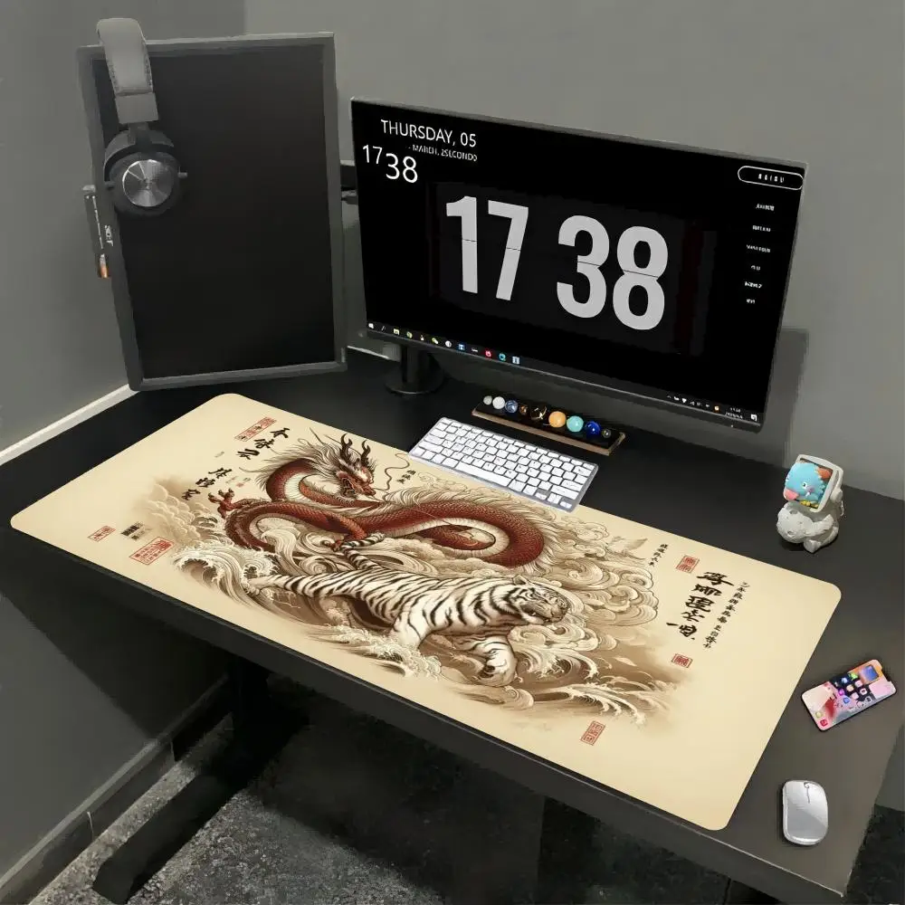 Japanese Dragon Phoenix XL Gaming Mouse Pad Oriental Tiger Dragon Deskmat Non-Slip Rubber Keyboard Mat Asian Art Gamer Mousepads