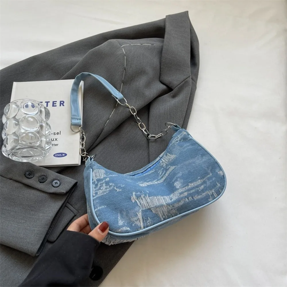 

Fashion Handbag Denim Bag Zipper Korean Style Shoulder Bag Chains Strap Underarm Bag Women