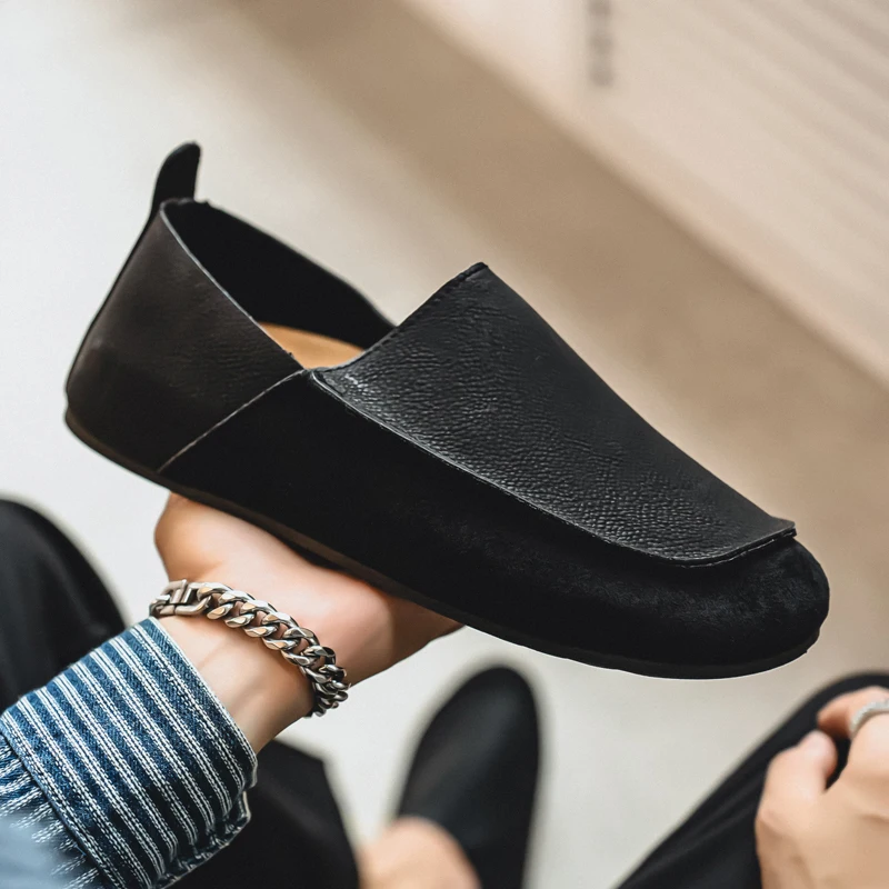 Fashion Mens Casual Shoes Soft Leather Comfort Man Loafers Outdoor Walking Half Slippers Breathable Lazy Driving Shoes Moccasins