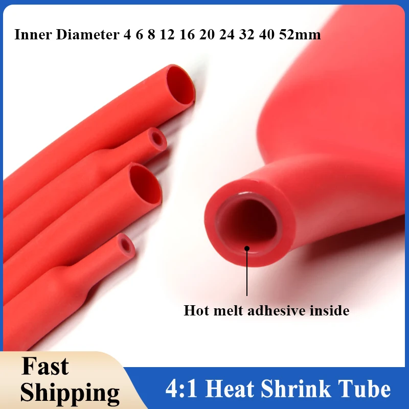 

1 ~ 100M 4:1 With Glue Heat Shrink Tube Red 4 6 8 12 16 20 24 32 40 52mm Adhesive Sleeve Wrap Heat-shrinkable Dual-wall Tubing