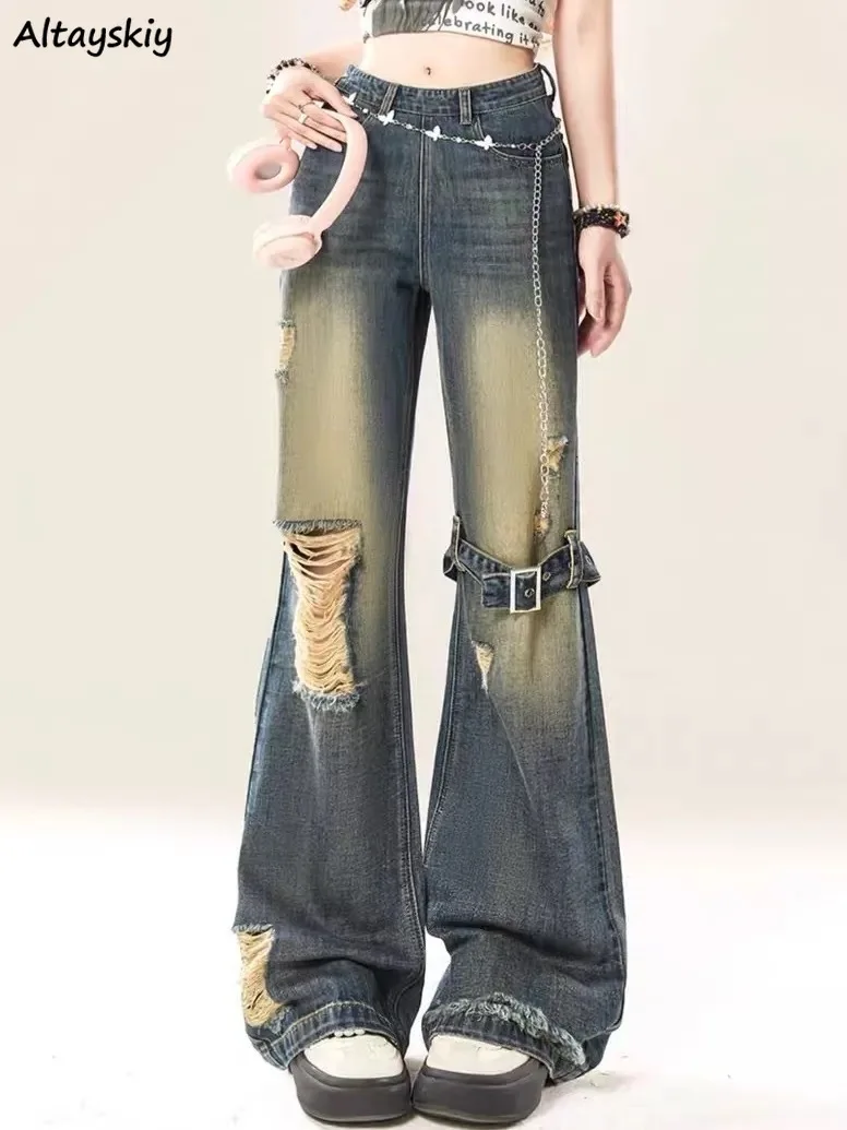 

Wide Leg Jeans Women Holes Ripped Loose Casual Vintage High Waist Trousers Stylish Girls Design Popular Contrast Color Zippers